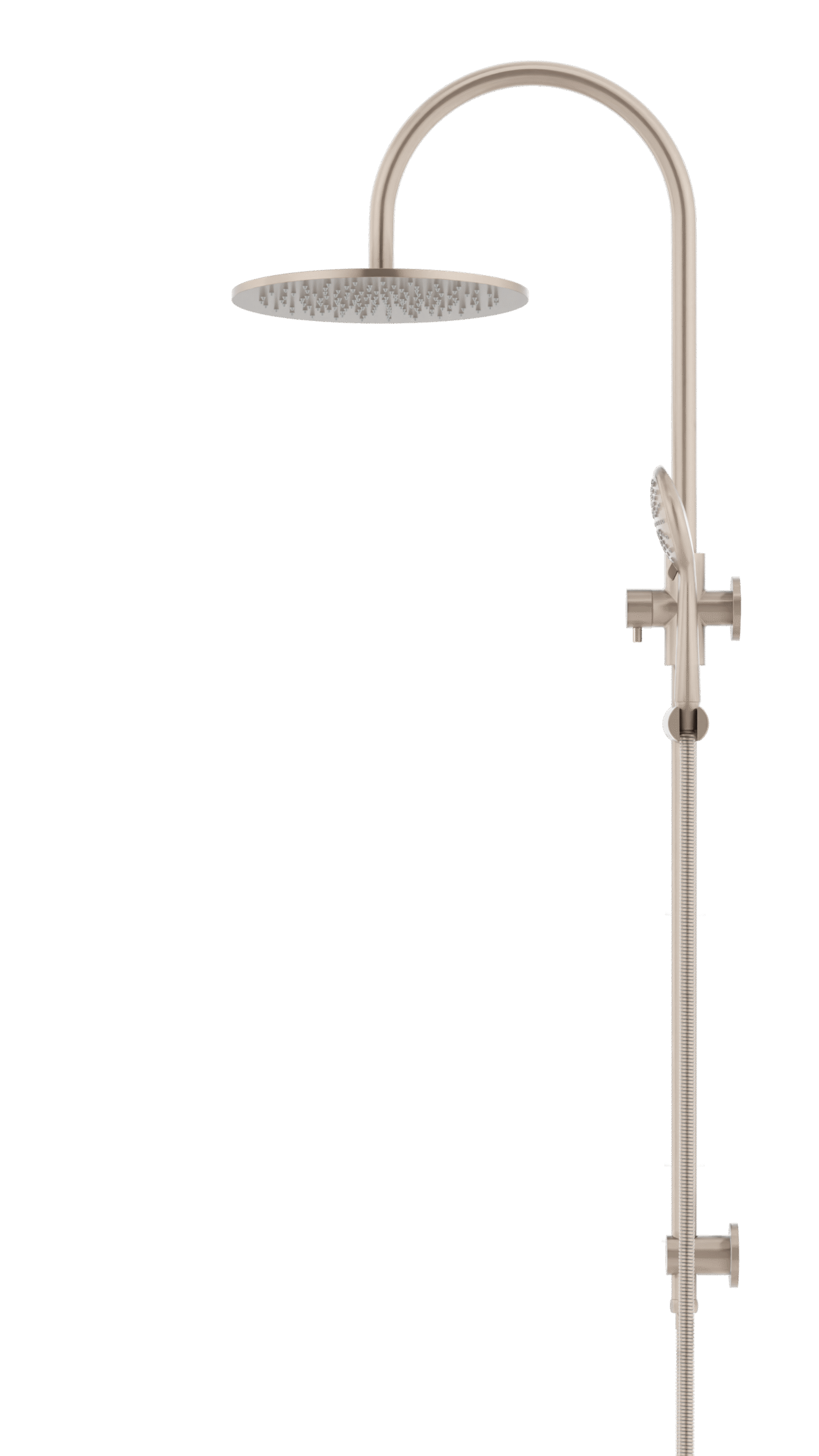MZ0906-CH Meir_Champagne_profile | Tap & Sink Contemporary Living Pty Ltd Meir Round Gooseneck Shower Set: 300mm Rose & Single-Function Hand Shower. Champagne finish.