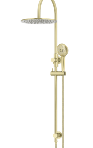 Meir Round Gooseneck Shower Set: 300mm Rose & Single-Function Hand Shower. PVD Tiger Bronze Gold finish.