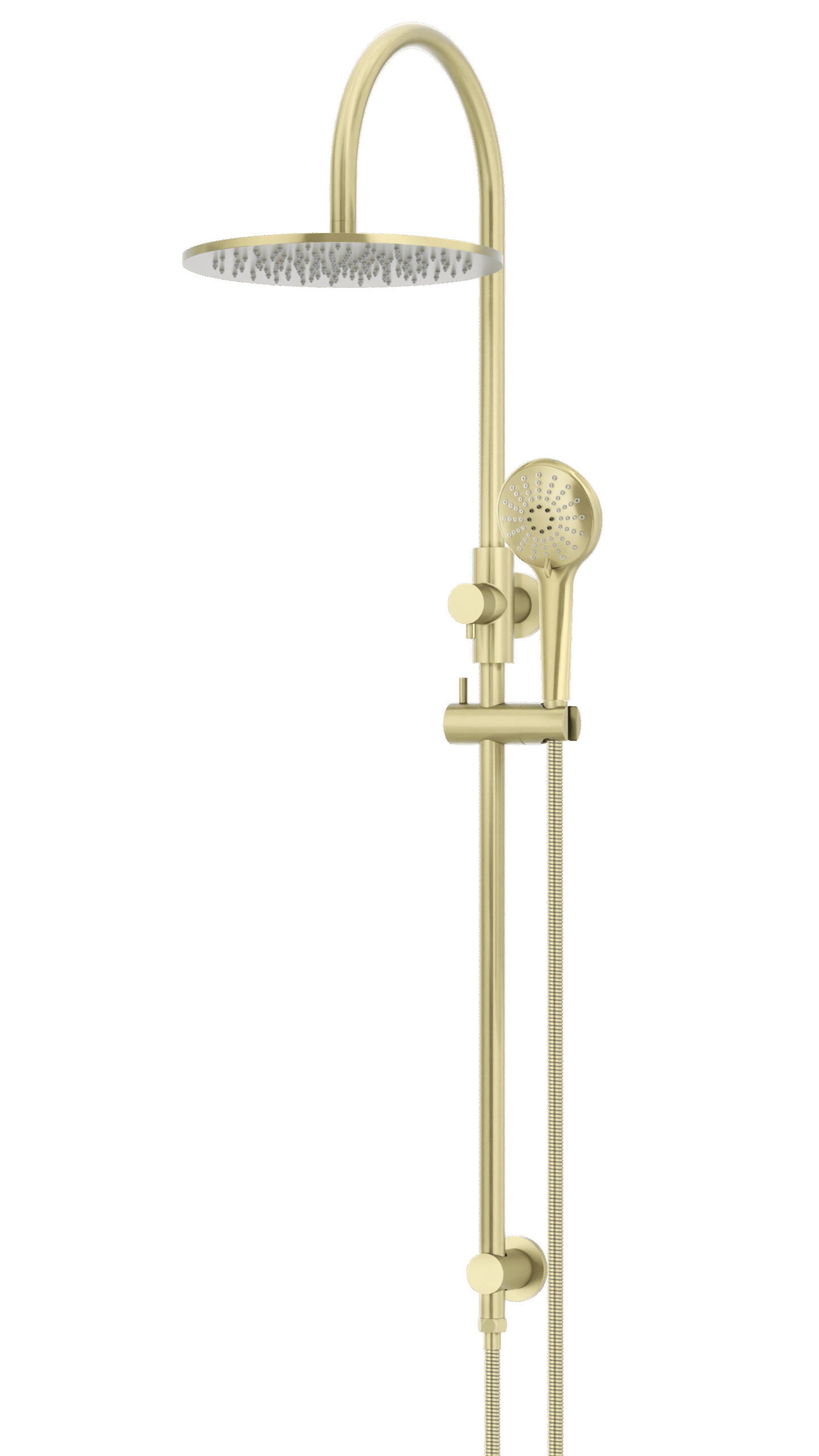 MZ0906-PVDBB_Meir_TigerBronze_angle | Tap & Sink Contemporary Living Pty Ltd Meir Round Gooseneck Shower Set: 300mm Rose & Single-Function Hand Shower. PVD Tiger Bronze Gold finish.