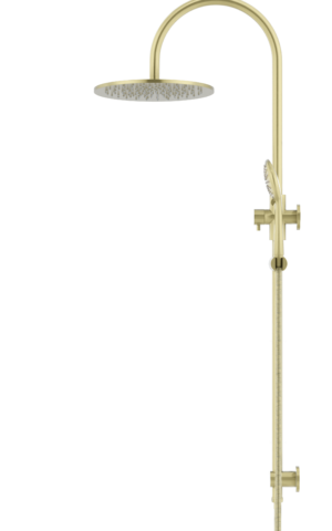 Meir Round Gooseneck Shower Set: 300mm Rose & Single-Function Hand Shower. PVD Tiger Bronze Gold finish.