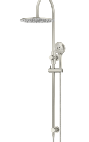 Meir Round Gooseneck Shower Set: 300mm Rose & Single-Function Hand Shower. PVD Brushed Nickel finish.