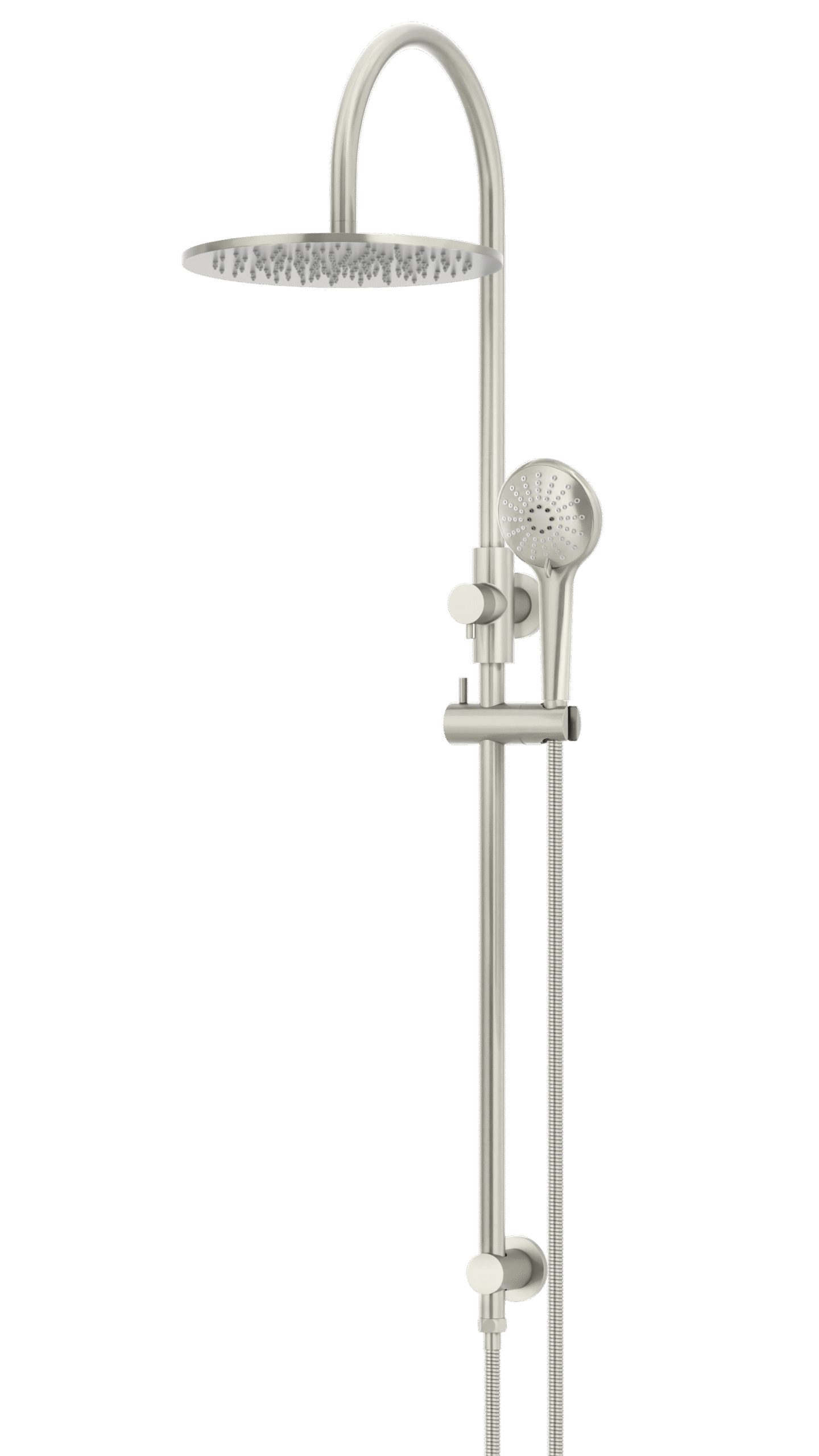 MZ0906-PVDBN_BrushedNickel_angle | Tap & Sink Contemporary Living Pty Ltd Meir Round Gooseneck Shower Set: 300mm Rose & Single-Function Hand Shower. PVD Brushed Nickel finish.