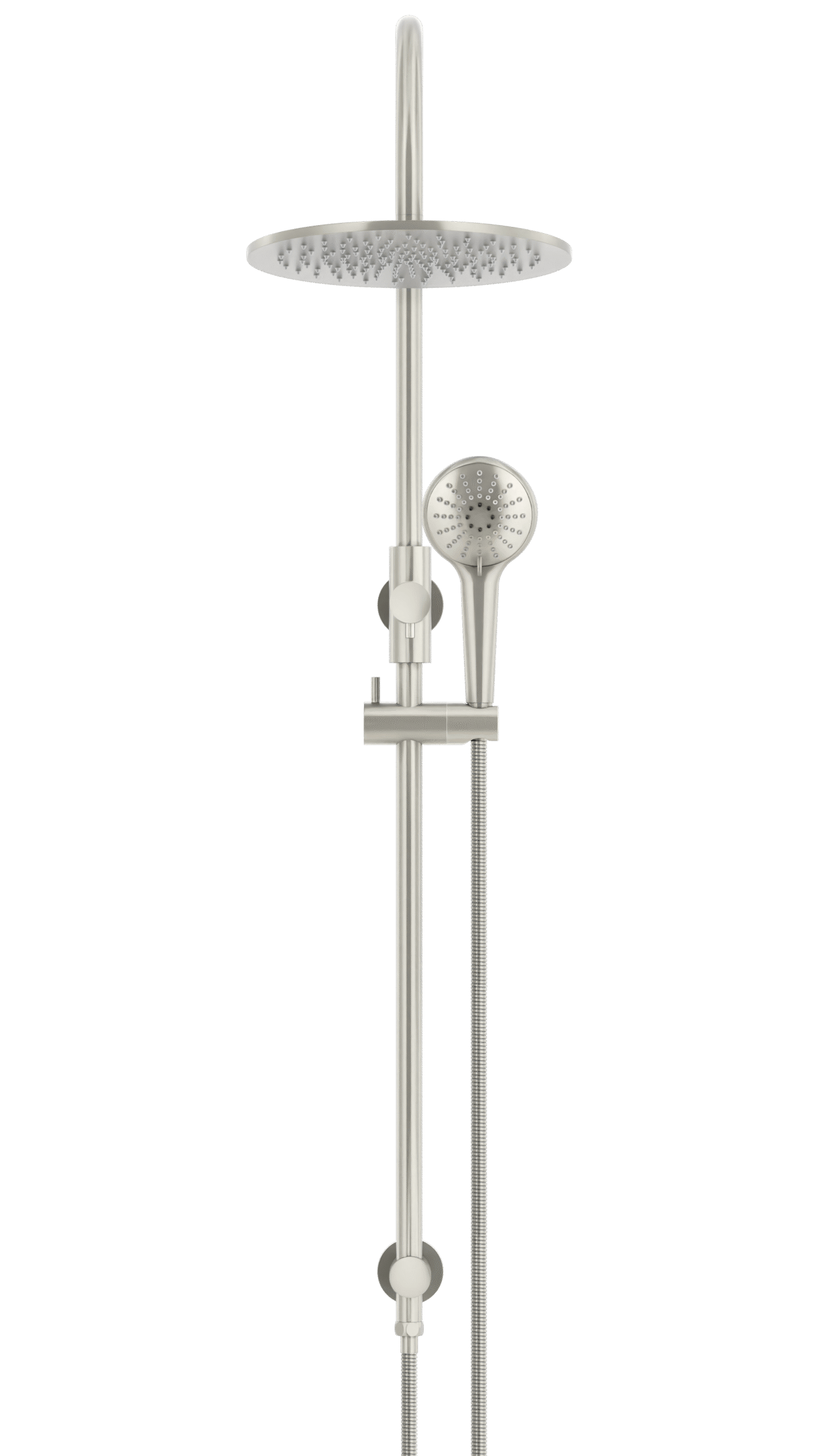 MZ0906-PVDBN_BrushedNickel_front | Tap & Sink Contemporary Living Pty Ltd Meir Round Gooseneck Shower Set: 300mm Rose & Single-Function Hand Shower. PVD Brushed Nickel finish.