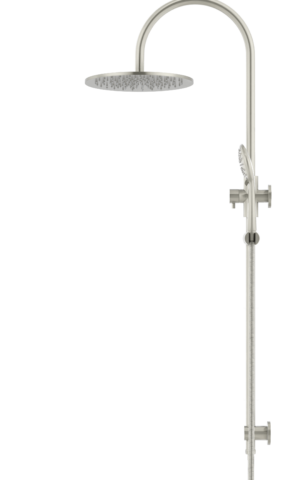 Meir Round Gooseneck Shower Set: 300mm Rose & Single-Function Hand Shower. PVD Brushed Nickel finish.