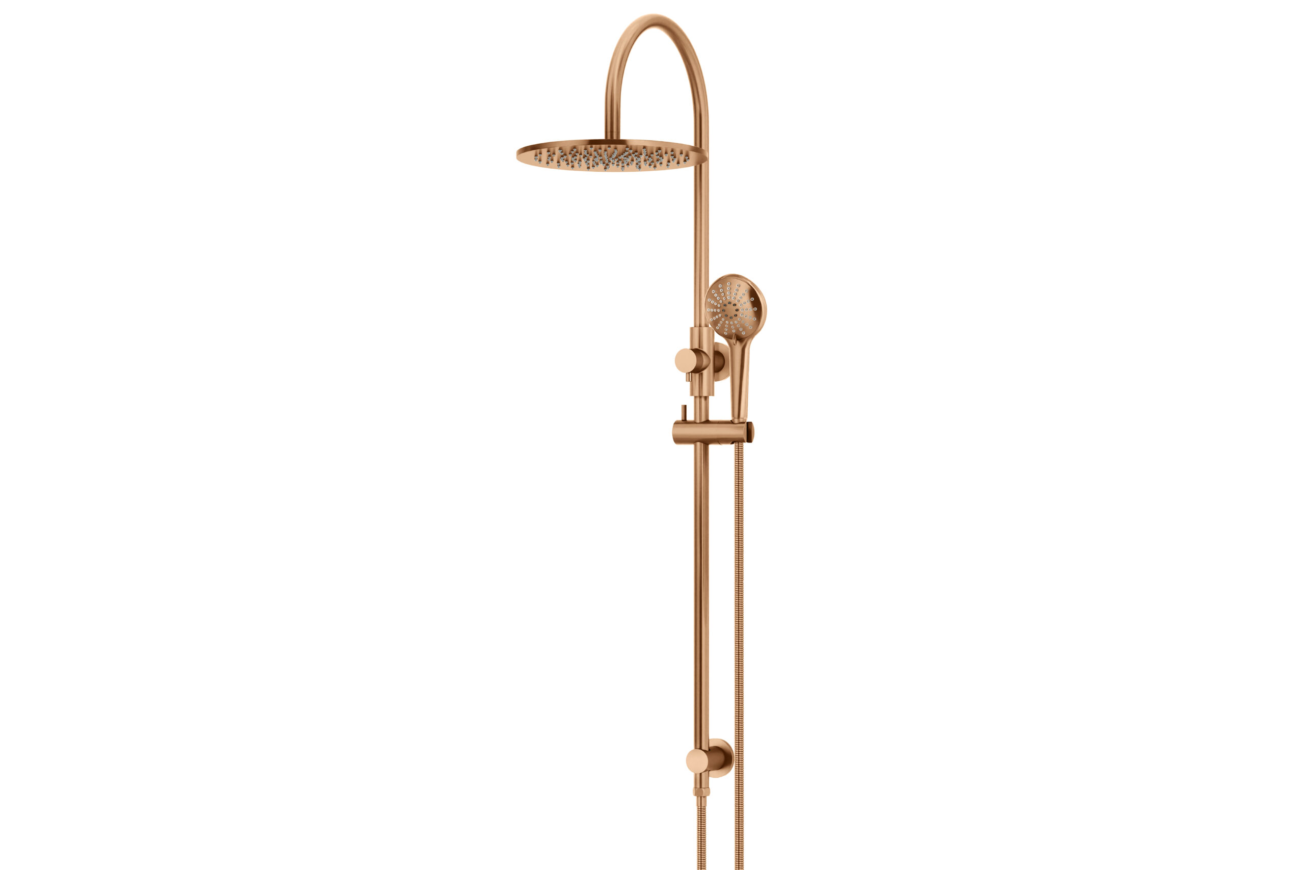 Meir Round Overhead Shower Rail with Three Function Hand Shower in PVD Lustre Bronze finish, 300mm Shower Head