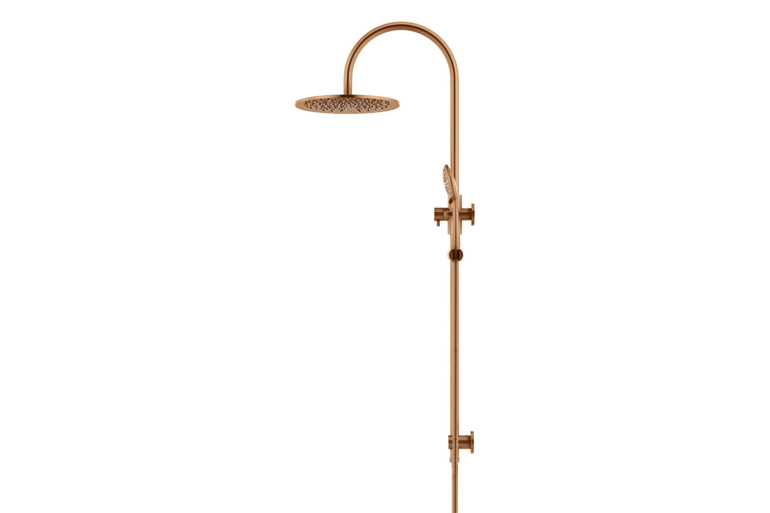 Meir Round Overhead Shower Rail with Three Function Hand Shower in PVD Lustre Bronze finish, 300mm Shower Head