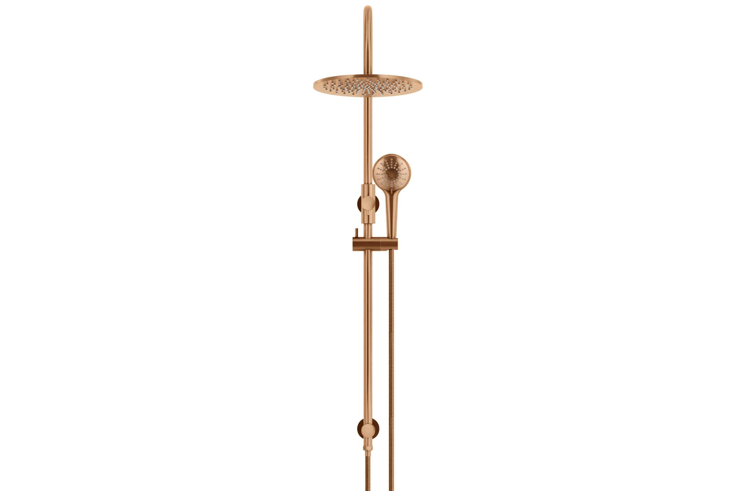 Meir Round Overhead Shower Rail with Three Function Hand Shower in PVD Lustre Bronze finish, 300mm Shower Head