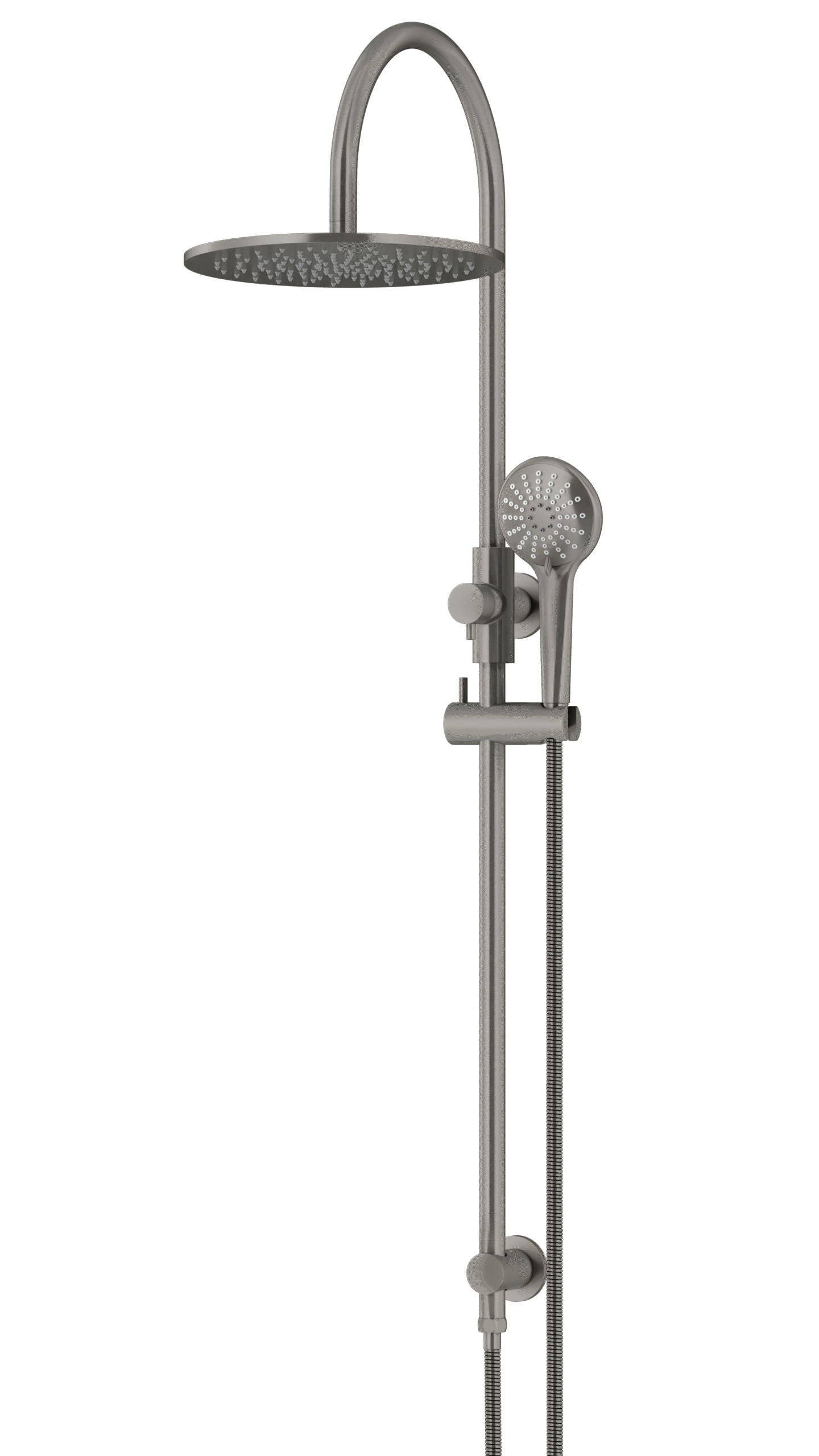 MZ0906-PVDGM_Meir_PVD_Shadow_angle | Tap & Sink Contemporary Living Pty Ltd Meir Round Gooseneck Shower Set: 300mm Rose & Single-Function Hand Shower. PVD Gunmetal Grey finish.