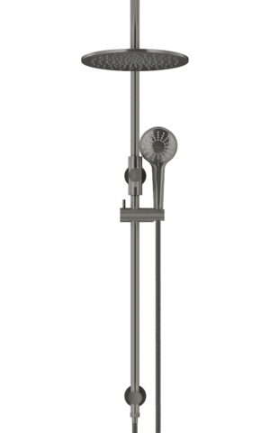 Meir Round Gooseneck Shower Set: 300mm Rose & Single-Function Hand Shower. PVD Gunmetal Grey finish.