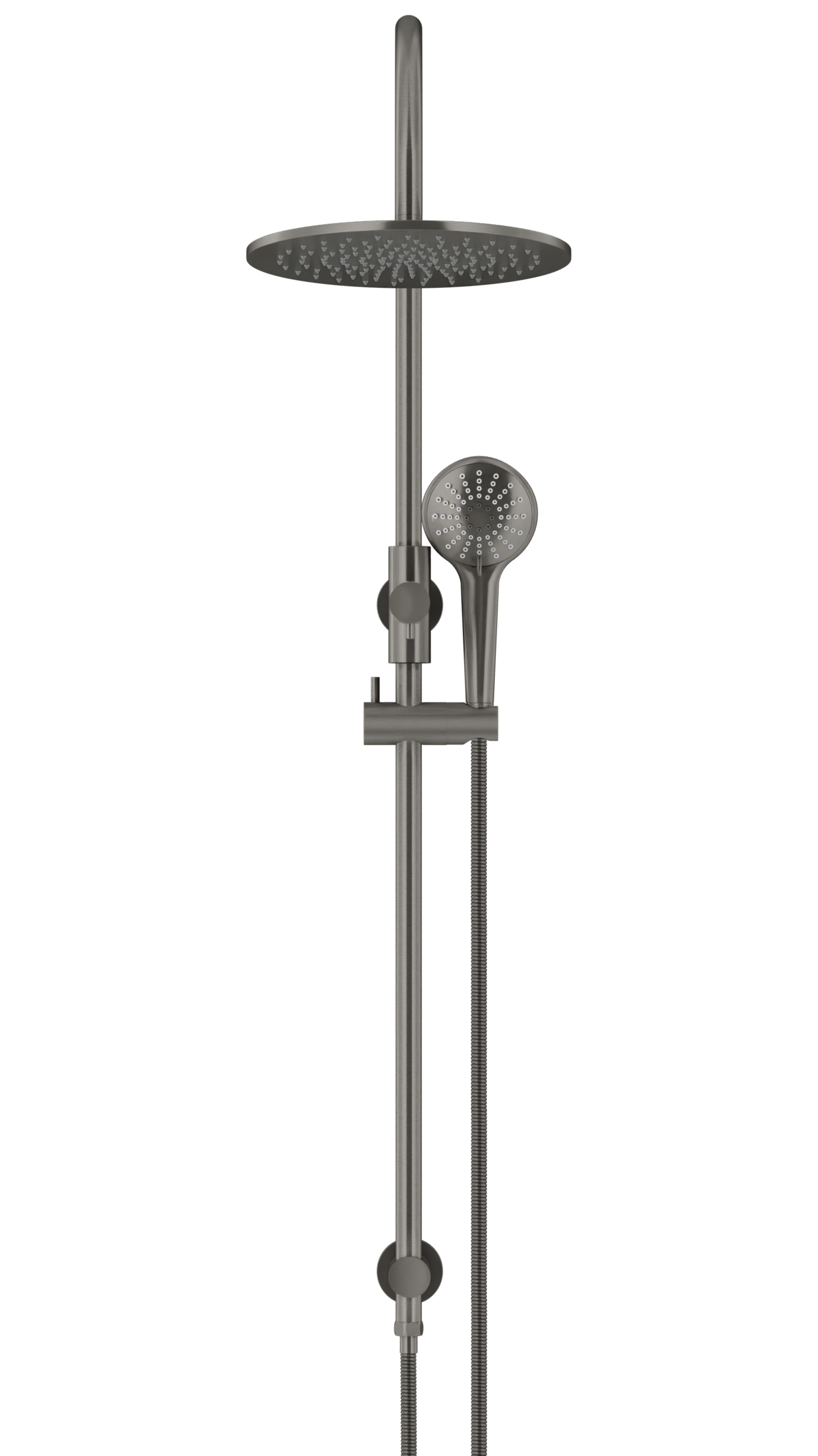 MZ0906-PVDGM_Meir_PVD_Shadow_front | Tap & Sink Contemporary Living Pty Ltd Meir Round Gooseneck Shower Set: 300mm Rose & Single-Function Hand Shower. PVD Gunmetal Grey finish.