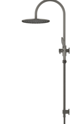 Meir Round Gooseneck Shower Set: 300mm Rose & Single-Function Hand Shower. PVD Gunmetal Grey finish.