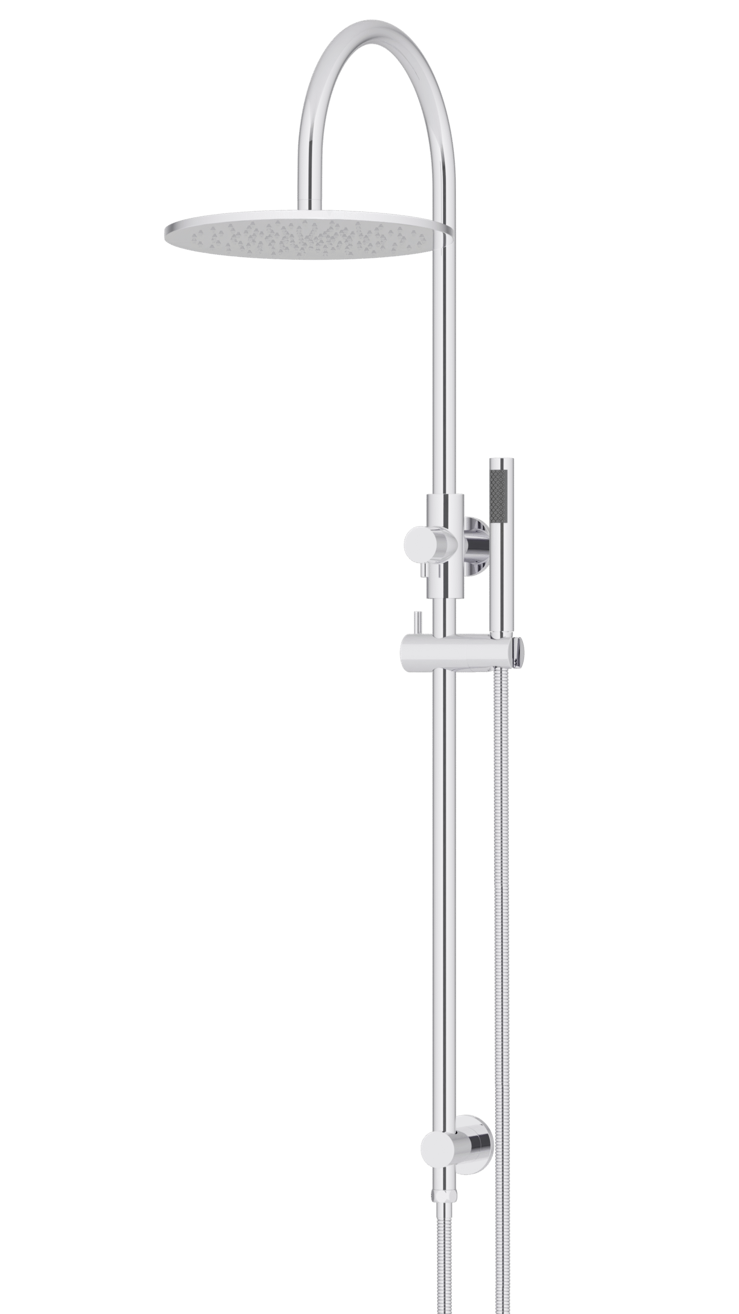 MZ0906-R-C Meir Polished_Chrome_angle | Tap & Sink Contemporary Living Pty Ltd Meir Round Gooseneck Shower Set: 300mm Rose & Single-Function Hand Shower. Chrome finish
