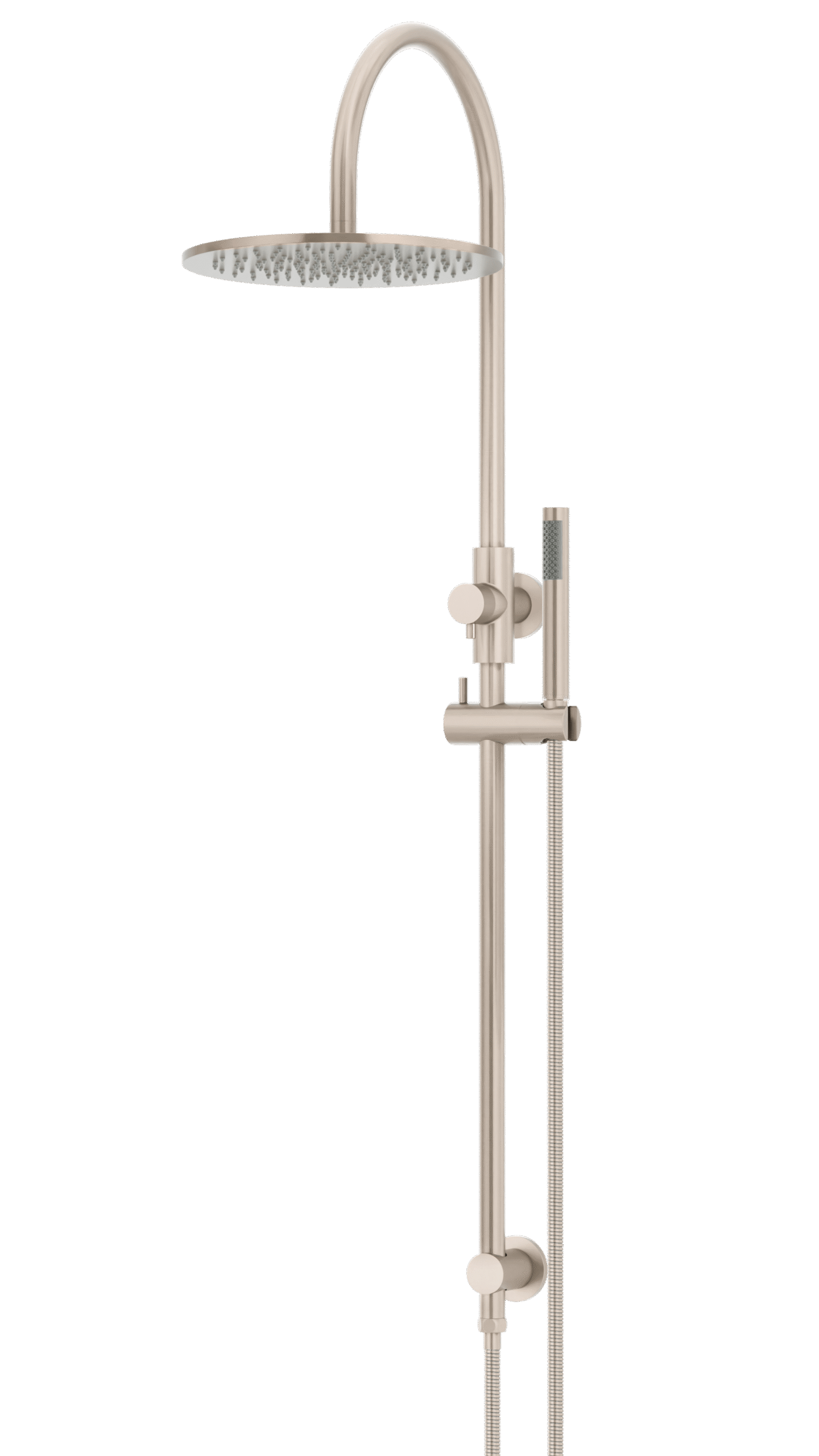 MZ0906-R-CH Meir_Champagne_angle | Tap & Sink Contemporary Living Pty Ltd Meir Round Gooseneck Shower Set: 300mm Rose & Single-Function Hand Shower. Champagne finish