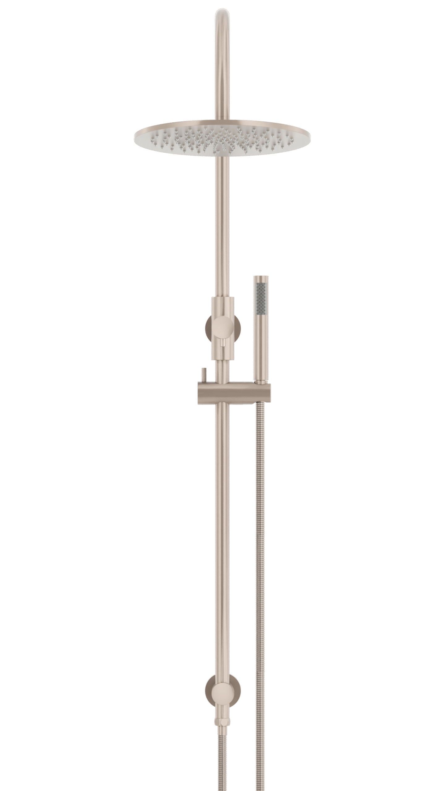 MZ0906-R-CH Meir_Champagne_front | Tap & Sink Contemporary Living Pty Ltd Meir Round Gooseneck Shower Set: 300mm Rose & Single-Function Hand Shower. Champagne finish