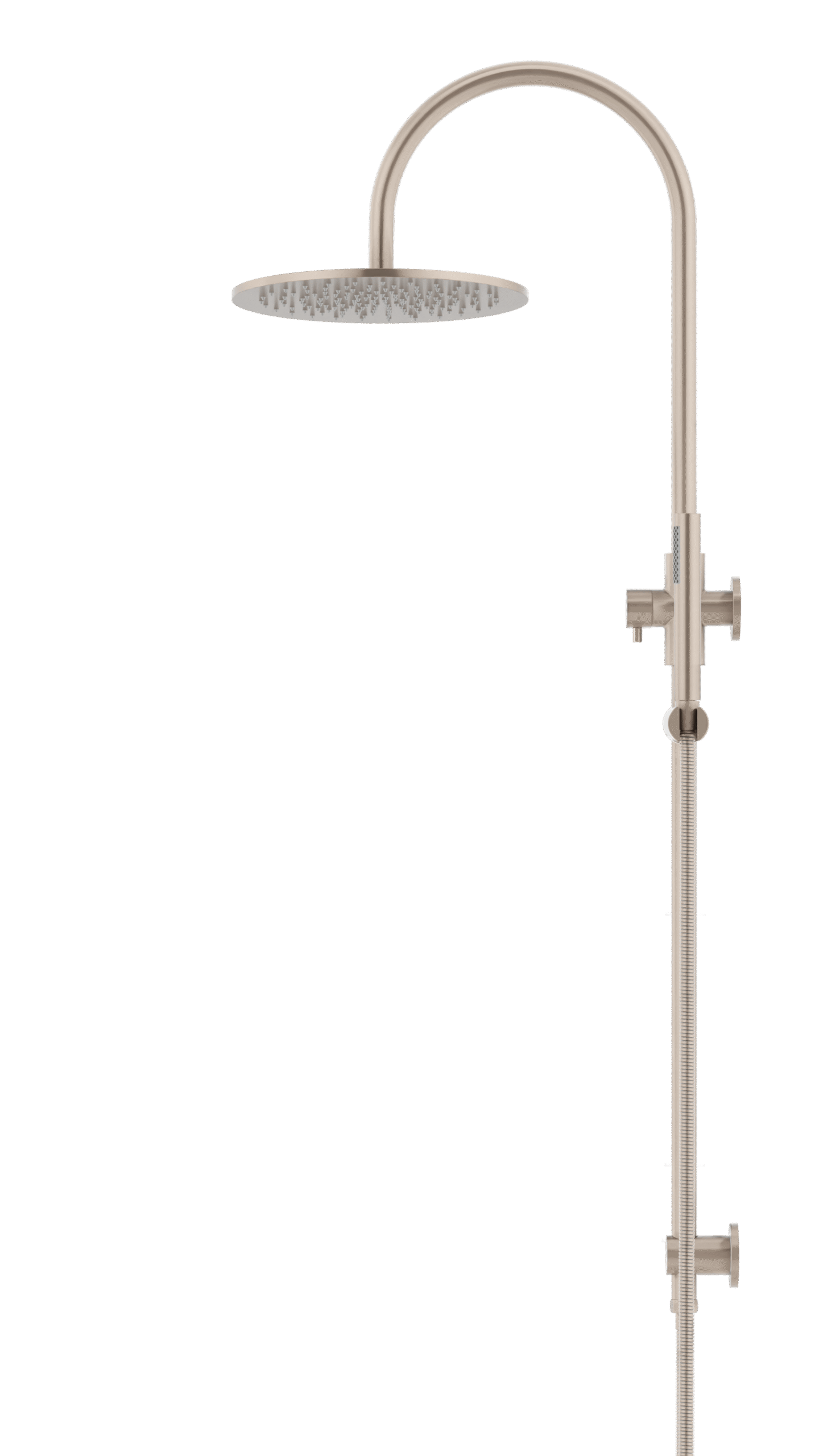 MZ0906-R-CH Meir_Champagne_profile | Tap & Sink Contemporary Living Pty Ltd Meir Round Gooseneck Shower Set: 300mm Rose & Single-Function Hand Shower. Champagne finish