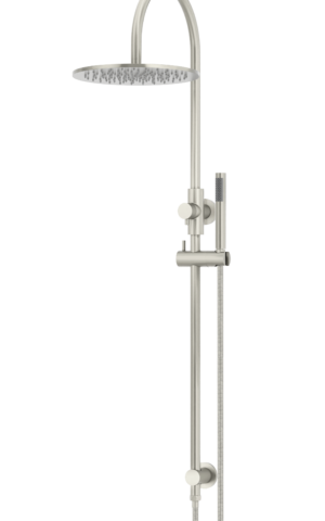 Meir Round Gooseneck Shower Set: 300mm Rose & Single-Function Hand Shower. PVD Brushed Nickel finish