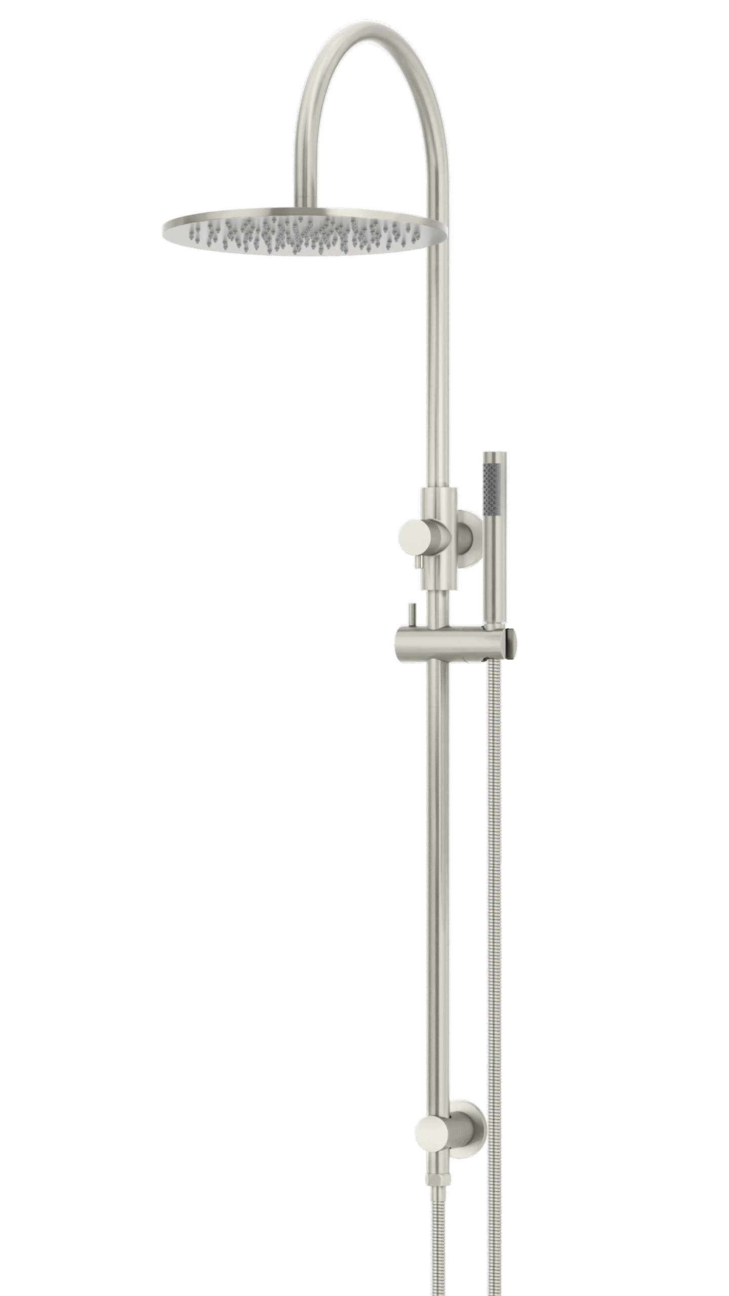 MZ0906-R-PVDBN_BrushedNickel_angle | Tap & Sink Contemporary Living Pty Ltd Meir Round Gooseneck Shower Set: 300mm Rose & Single-Function Hand Shower. PVD Brushed Nickel finish