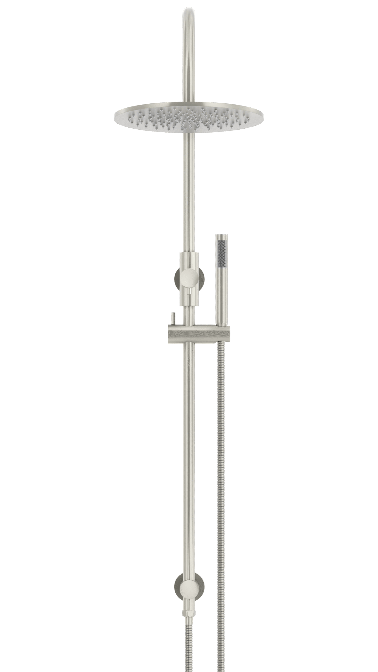 MZ0906-R-PVDBN_BrushedNickel_front | Tap & Sink Contemporary Living Pty Ltd Meir Round Gooseneck Shower Set: 300mm Rose & Single-Function Hand Shower. PVD Brushed Nickel finish