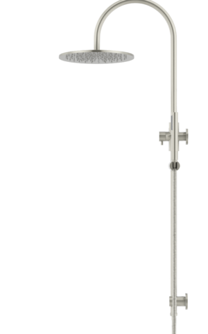 Meir Round Gooseneck Shower Set: 300mm Rose & Single-Function Hand Shower. PVD Brushed Nickel finish