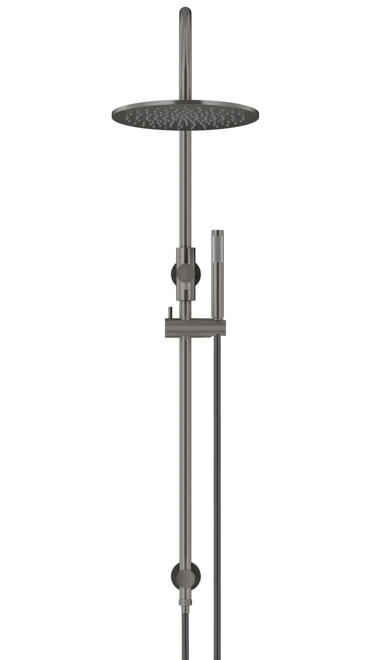 MZ0906-R-PVDGM_Meir_PVD_Shadow_front | Tap & Sink Contemporary Living Pty Ltd Meir Round Gooseneck Shower Set: 300mm Rose & Single-Function Hand Shower. PVD Gunmetal Grey finish