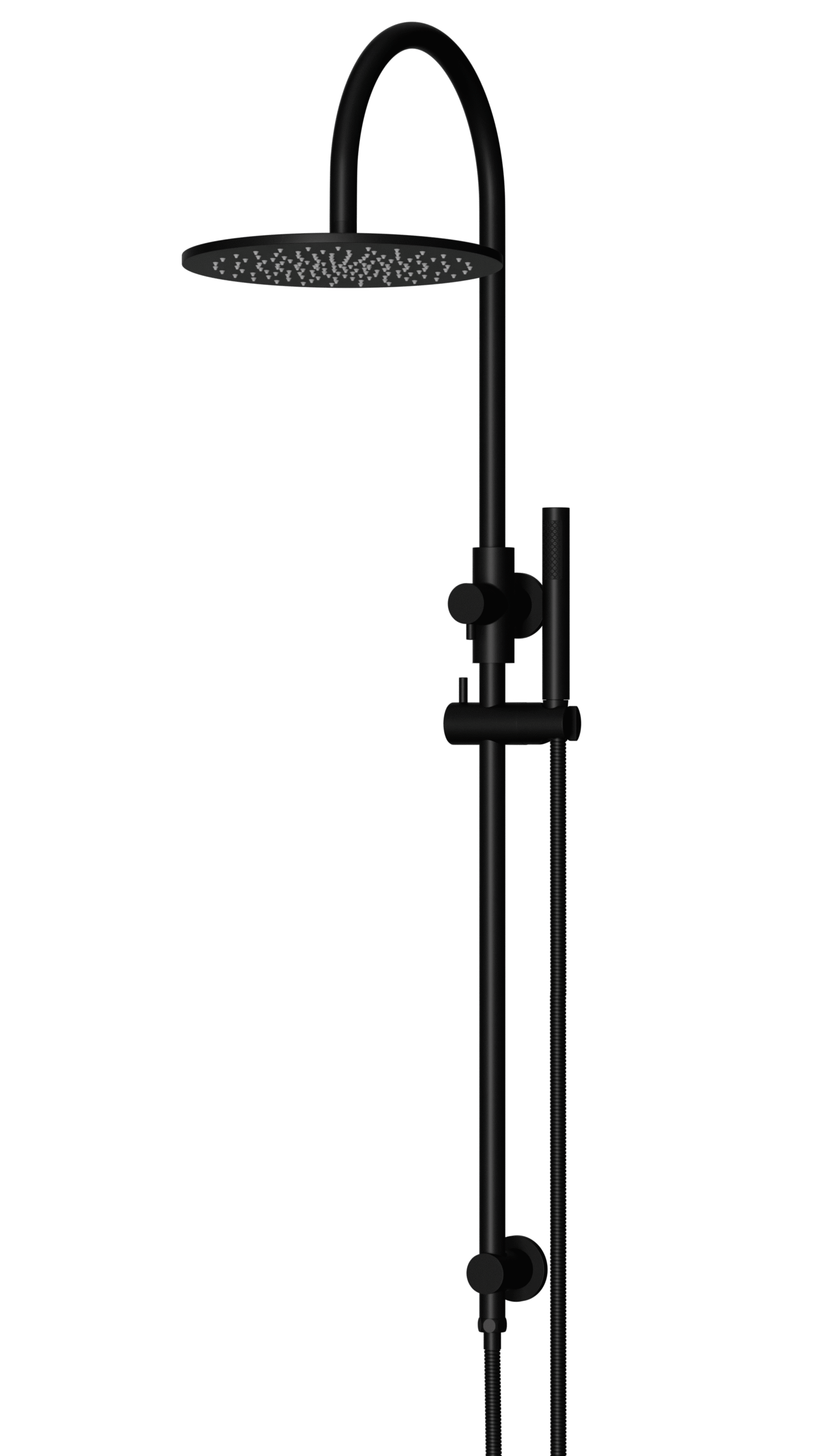 MZ0906-R_MatteBlack_angle | Tap & Sink Contemporary Living Pty Ltd Meir Round Gooseneck Shower Set: 300mm Rose & Single-Function Hand Shower. Matte Black finish