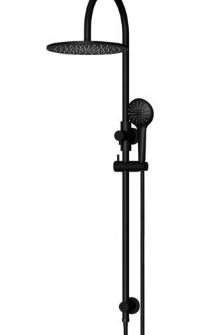 Meir Round Gooseneck Shower Set: 300mm Rose & Single-Function Hand Shower. Matte Black finish.