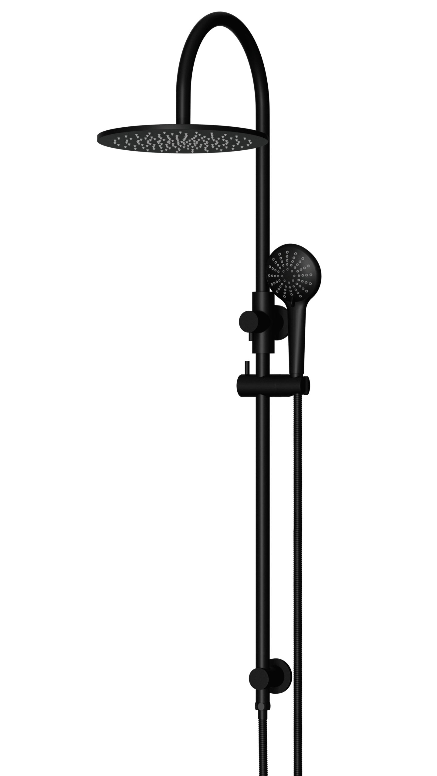 MZ0906_MatteBlack_angle | Tap & Sink Contemporary Living Pty Ltd Meir Round Gooseneck Shower Set: 300mm Rose & Single-Function Hand Shower. Matte Black finish.