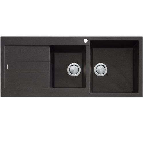 Oliveri Santorini granite sink with a 1 and a half bowl & drainer on the left, main bowl on the right. Black finish