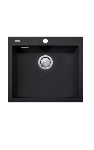 Oliveri Santorini single bowl topmount sink with overflow. Black granite finish