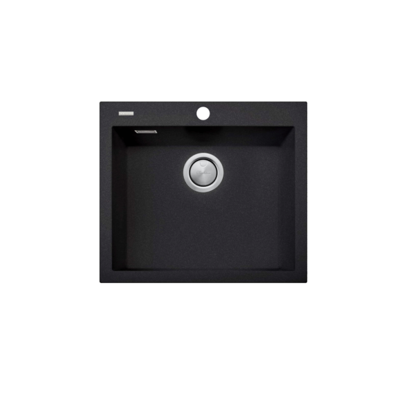 Oliveri Santorini single bowl topmount sink with overflow. Black granite finish