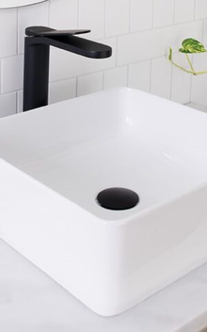 ADD 'Malo' Above counter square basin in white gloss finish. Ceramic