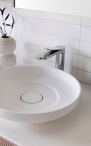 ADP 'Flume' Above Counter Round Basin. Made of White Marble Cast material