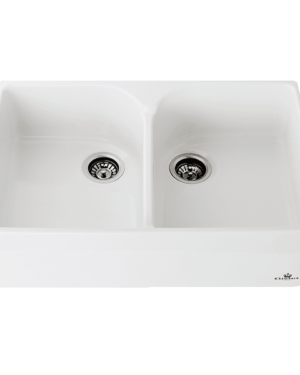 Chambord 'Clotaire' Double Bowl Farmhouse Sink with no taphole, no overflow. White finish. Undermount, Abovemout or Flushmount