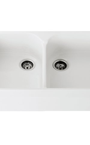 Chambord 'Clotaire' Double Bowl Farmhouse Sink with no taphole, no overflow. White finish. Undermount, Abovemout or Flushmount