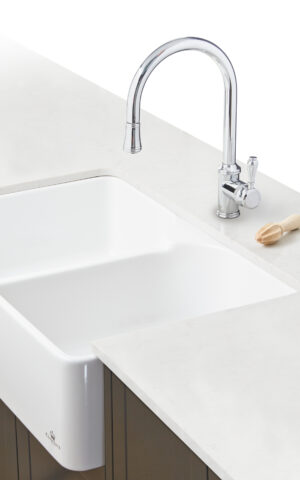 Chambord 'Clotaire' Double Bowl Farmhouse Sink with no taphole, no overflow. White finish. Undermount, Abovemout or Flushmount