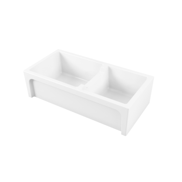 CHAMBORD 'CHARLES' DOUBLE BOWL FARMHOUSE SINK, WHITE FIRECLAY FINISH. SIZE 914X460MM. TOPMOUNT OR UNDERMOUNT