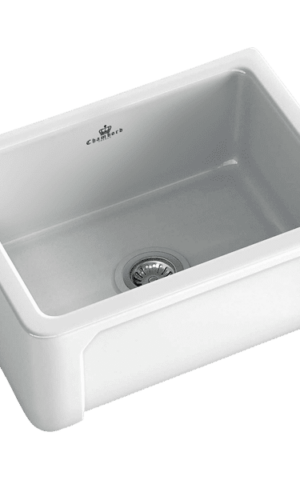 Chambord 'Henri' Medium Single Bowl farmhouse sink in white finish. No taphole & overflow. Undermount, Abovemount & Flushmount