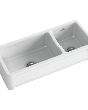 Chambord 'Henri' Double Bowl farmhouse sink in white finish. No taphole & overflow. Undermount, Abovemount & Flushmount