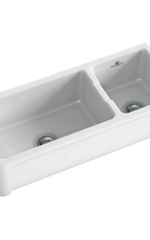 Chambord 'Henri' Double Bowl farmhouse sink in white finish. No taphole & overflow. Undermount, Abovemount & Flushmount