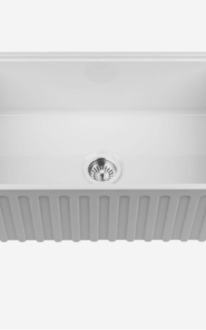 Chambord 'LeGrande' (I) Reversible Single Bowl Farmhouse Sink in White finish. No taphole, no overflow. Accessories included. Undermount, Topmount & Flushmount