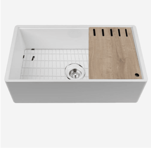 Chambord 'LeGrande' (I) Reversible Single Bowl Farmhouse Sink in White finish. No taphole, no overflow. Accessories included. Undermount, Topmount & Flushmount