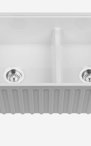 Chambord 'LeGrande' (2) Reversible Double Bowl Farmhouse Sink in White finish. No taphole, no overflow. Accessories included. Undermount, Topmount & Flushmount