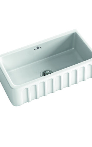 Chambord 'Louis' Single Bowl Farmhouse Sink in white finish. Fireclay material. No taphole. No overflow. Undermount, Abovemount or Flushmount.