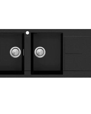 Oliveri Santorini Double Bowl Topmount Sink with Drainer on the Right. Black Granite Finish. 1 Taphole & With Overflow